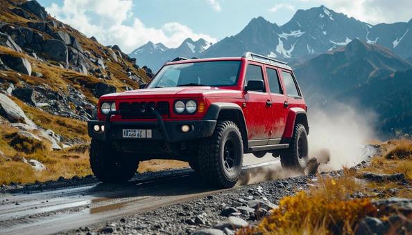 山道を走るジープ 山道を走るジープの写真