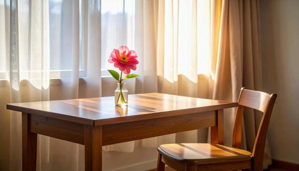 一輪挿しに活けられた花が置かれている机 一輪挿しに活けられた花が置かれている机の写真
