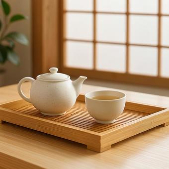 和室の白い急須と湯呑みの写真