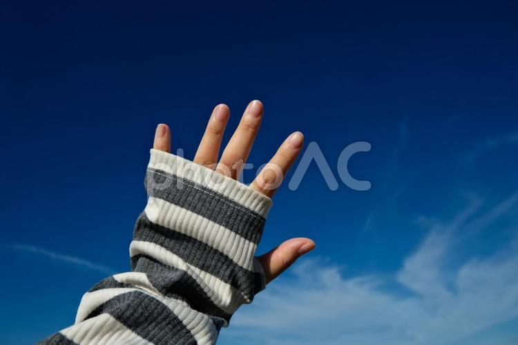 夏空とアームカバーをした女性の手 空,手,アームカバーの写真素材