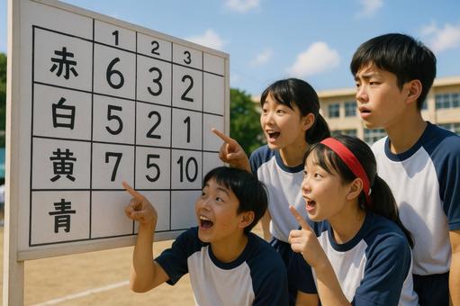 得点表を見つめる中学生たち 得点表を見つめる中学生たちの写真