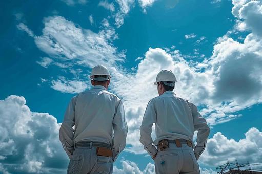 現場で働く建設作業員の後ろ姿と青空 現場で働く建設作業員の後ろ姿と青空の写真