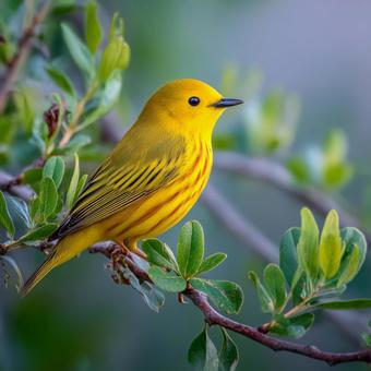 枝に佇む鮮やかな黄色の小鳥 枝に佇む鮮やかな黄色の小鳥の写真