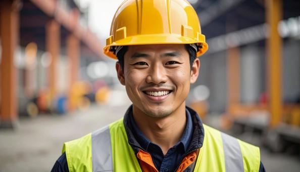 建設現場で働く作業服の若い男性の写真 建設現場で働く作業服の若い男性の写真の写真