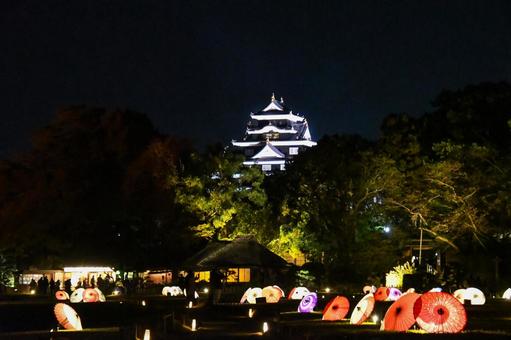 ライトアップされた岡山城天守閣 ライトアップされた岡山城天守閣 岡山城,岡山後楽園,ライトアップの写真素材