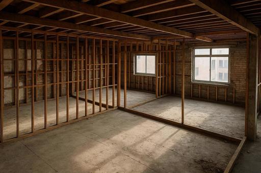 リノベーション工事中の木造スケルトン構造 リノベーション工事中の木造スケルトン構造の写真