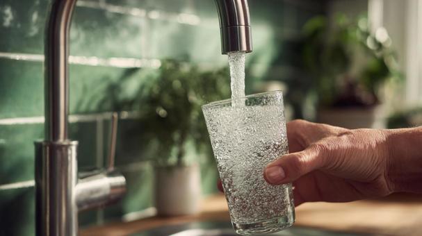 蛇口からグラスに注がれる新鮮な水の写真