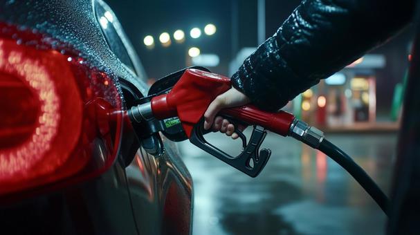 夜のガソリンスタンドで車に給油する手元 夜のガソリンスタンドで車に給油する手元の写真