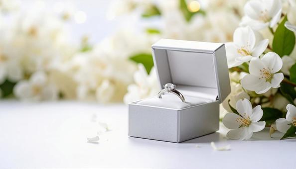 ケースに入った結婚指輪 背景に花 ケースに入った結婚指輪 背景に花の写真