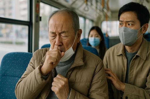 咳をする高齢者と周囲の気遣いの写真