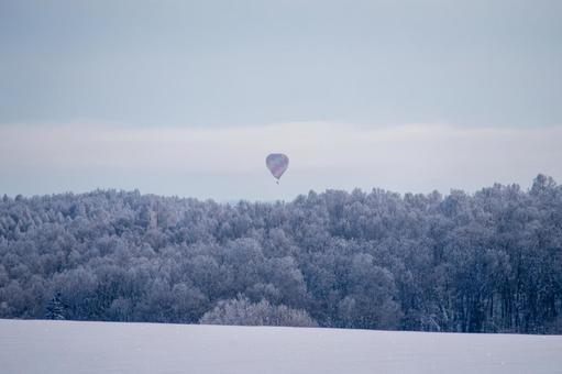 雪の森の上昇、静寂に浮かぶ幻想的な熱気球 雪原,雪,熱気球の写真素材
