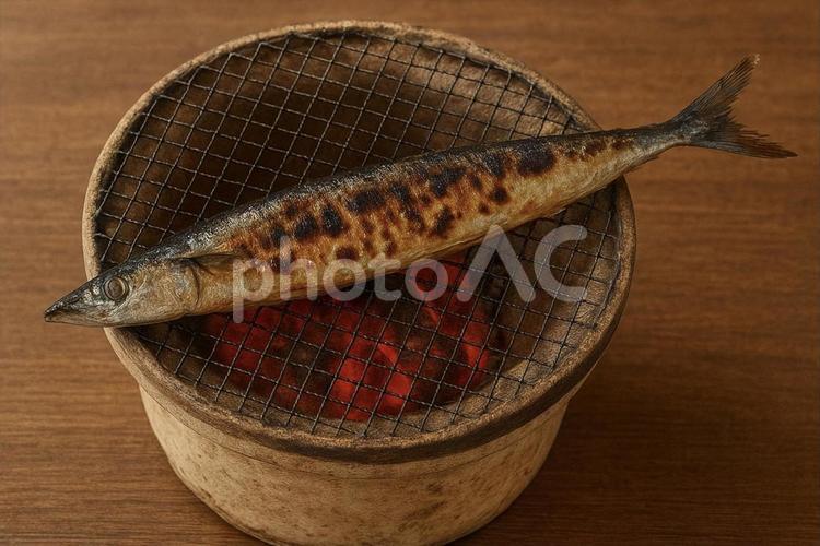 さんま　しちりん 七輪,さんま,焼くの写真素材