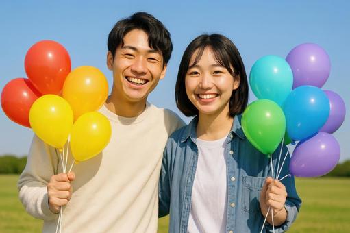 虹色の風船を持つ男女のペア 虹色の風船を持つ男女のペアの写真