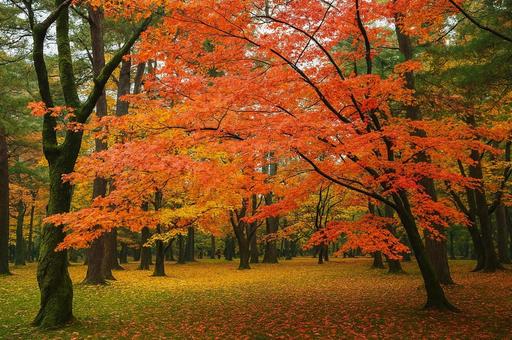色づく落葉と木々の写真