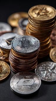 積み重ねられた様々な仮想通貨コインの山 積み重ねられた様々な仮想通貨コインの山の写真