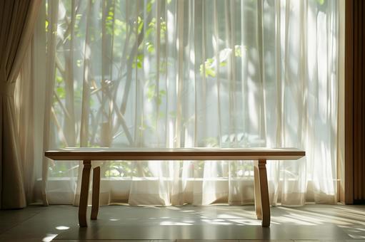 日差しでカーテンが輝く窓際、背景画像の写真