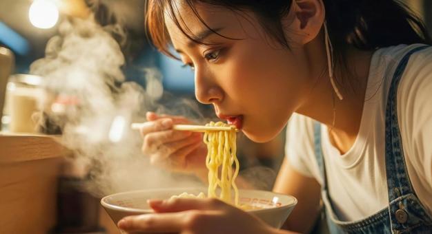 熱々ラーメンを食べる女性の飲食シーン 熱々ラーメンを食べる女性の飲食シーンの写真