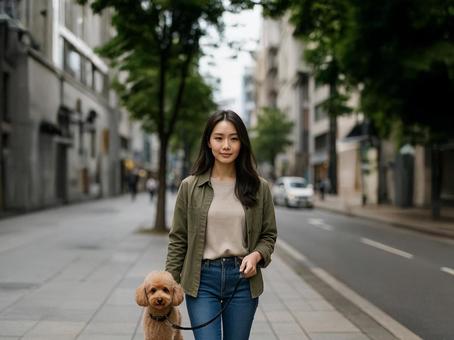 愛犬と散歩する女性 愛犬と散歩する女性の写真