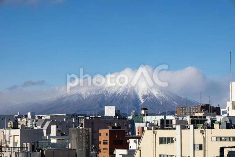 盛岡城跡公園から見える雪化粧の岩手山 お城,盛岡城跡,本丸跡の写真素材