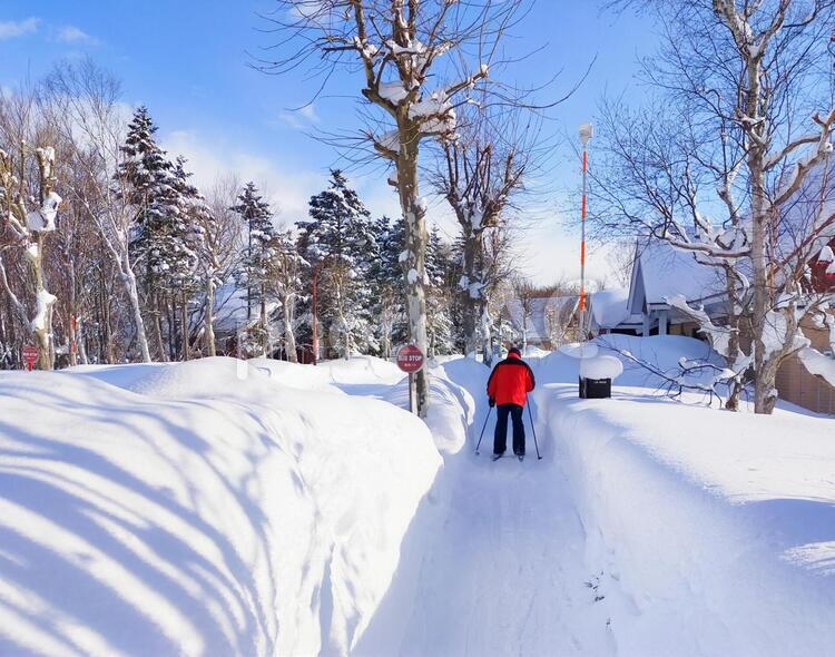 歩くスキーをはいて町内を散歩 歩道,歩くスキー,冬の写真素材