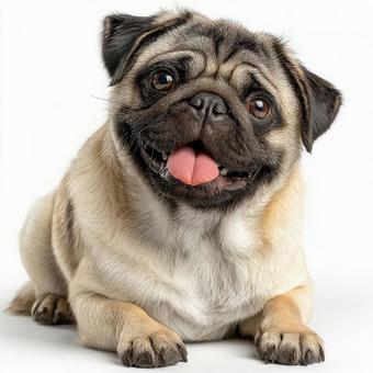 笑顔で座る可愛いパグ犬 笑顔で座る可愛いパグ犬の写真
