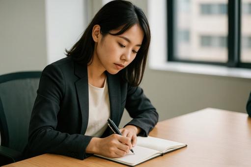 メモを取る女性社員の写真