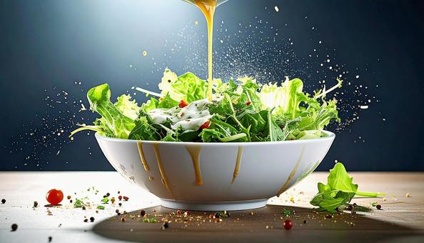 手作りドレッシングをかけるサラダ 手作りドレッシングをかけるサラダの写真