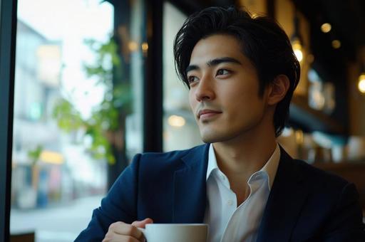 カフェでくつろぐイケメンの写真