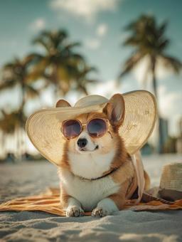 夏の思い出:砂浜でくつろぐコーギー犬 夏の思い出:砂浜でくつろぐコーギー犬の写真