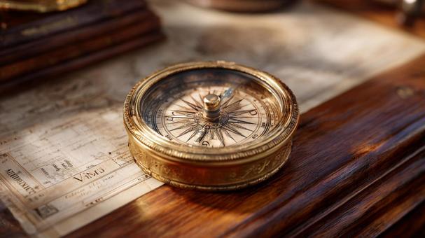 古地図の上に置かれた真鍮の航海用羅針盤 古地図の上に置かれた真鍮の航海用羅針盤の写真