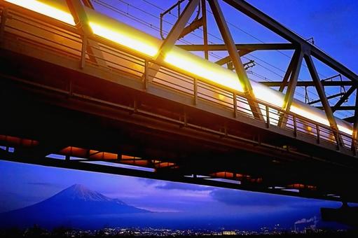 Tokaido Shinkansen train window lights and Mt. Fuji, JPG Tokaido Shinkansen train window lights and Mt. Fuji, JPG