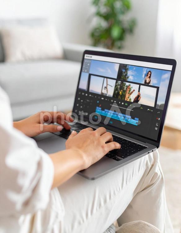自宅で動画編集をしている女性 動画編集,リビング,女性の写真素材