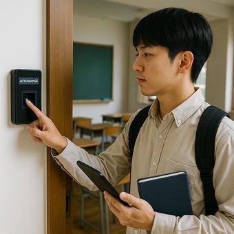 教室前で指紋認証による出席確認をする学生 教室前で指紋認証による出席確認をする学生の写真