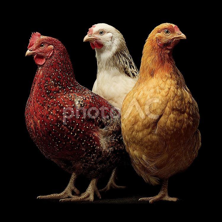 黒をバックにした存在感のある鶏の集合写真 鶏,ニワトリ,鳥の写真素材