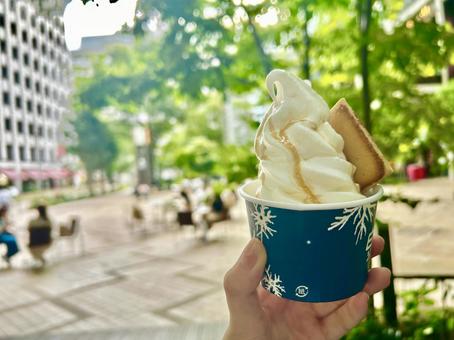 塩キャラメルのソフトクリーム① 塩キャラメルのソフトクリーム① ソフトクリーム,アイス,アイスクリームの写真素材