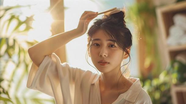 朝の支度をする女性 朝の支度をする女性の写真