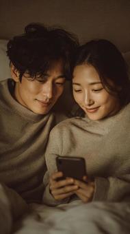 スマホを一緒に見るカップル スマホを一緒に見るカップルの写真