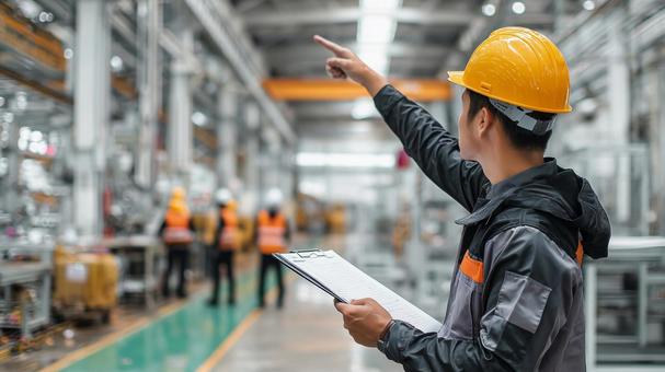 工場内で安全確認を行う日本人作業員の写真