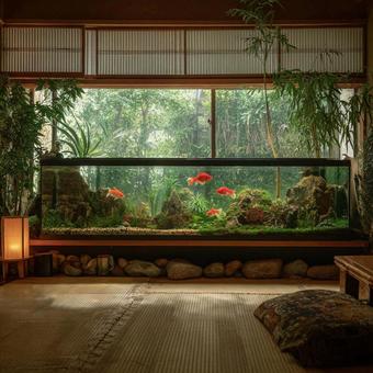 金魚が泳ぐ伝統的な和室の水槽 金魚が泳ぐ伝統的な和室の水槽の写真