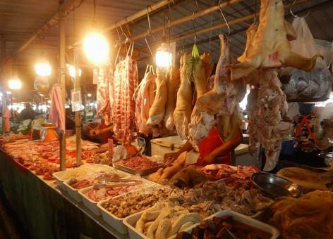 Photo, pork butcher, thailand, regular market, 