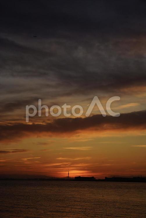 小さく灯るスカイツリー スカイツリー,夕暮れ,夕焼けの写真素材