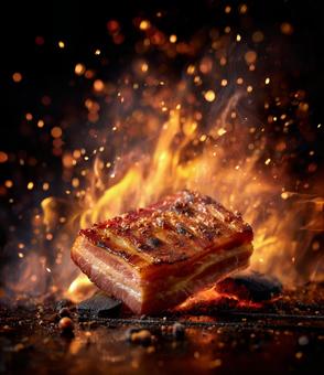 炭火で香ばしく焼ける厚切りベーコン 炭火で香ばしく焼ける厚切りベーコンの写真