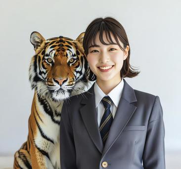 若い女性と虎 若い女性と虎の写真