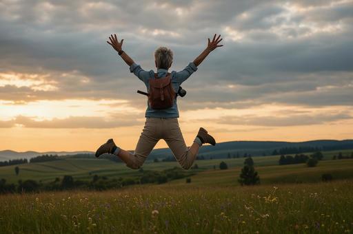 草原でジャンプする白髪女性の後ろ姿の写真