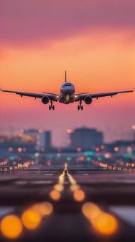 黄昏時の空港で着陸する旅客機の壮大な光景 黄昏時の空港で着陸する旅客機の壮大な光景の写真