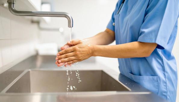 手術前に手洗いを行っている日本人医師 手術前に手洗いを行っている日本人医師の写真