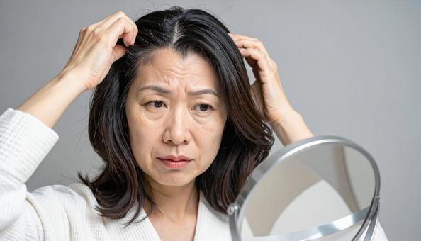 鏡の前で抜け毛を確認する中年女性 鏡の前で抜け毛を確認する中年女性の写真
