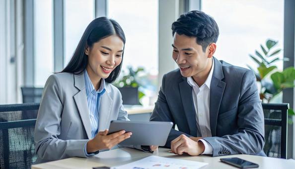 タブレット端末で会議・打ち合わせする男女 タブレット端末で会議・打ち合わせする男女 の写真