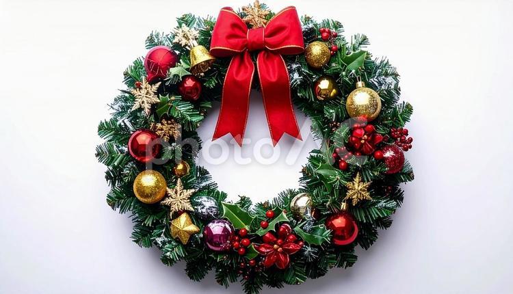 クリスマス　リース　玄関飾り　白背景 クリスマス,リース,玄関の写真素材