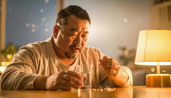 薬を飲む肥満男性 薬を飲む肥満男性の写真